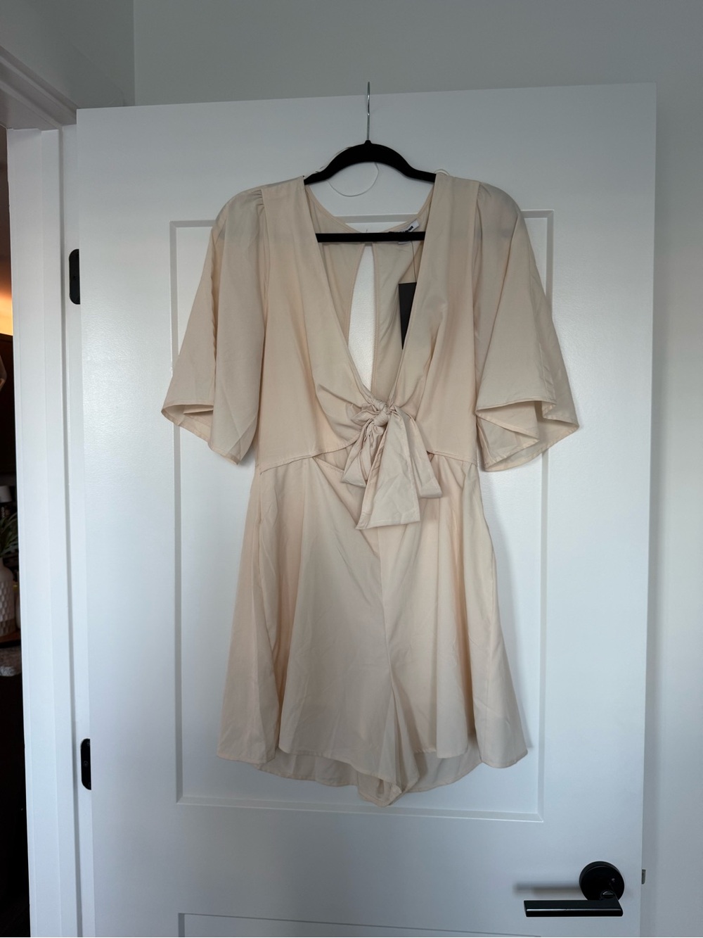 Fashion Nova Cream Tie-Front Romper with Flutter Sleeves